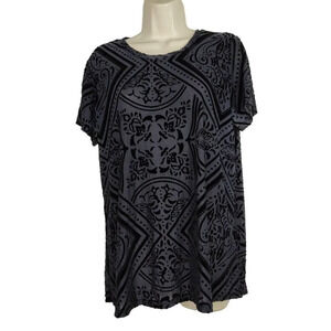 Hannah Blue Flocked Shirt Top Women Size L Short Sleeve Sheer